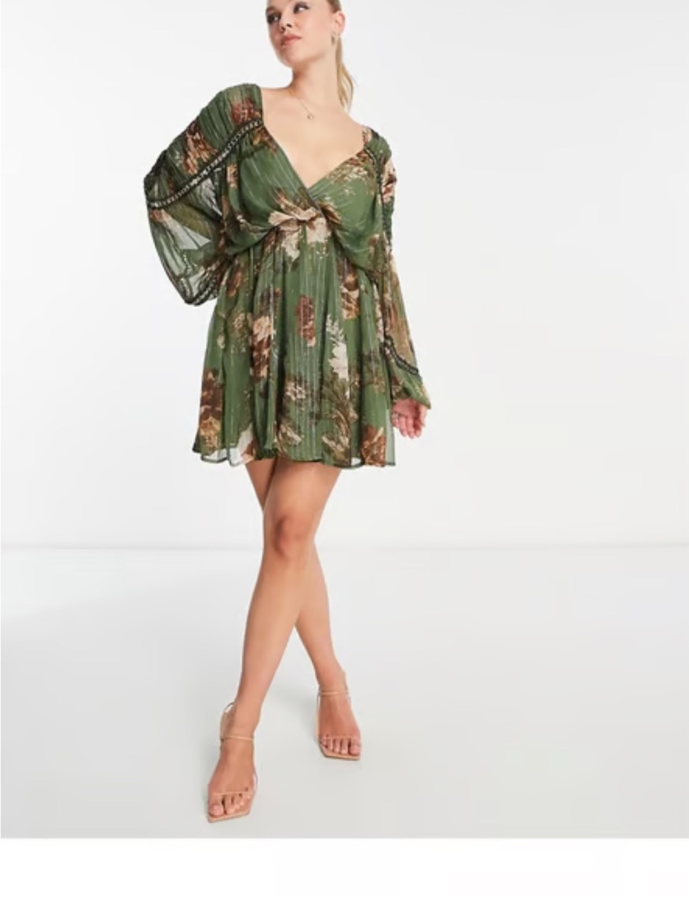 ASOS DESIGN Wrap Balloon Sleeve Mini Dress with Floral Print in Khaki Green